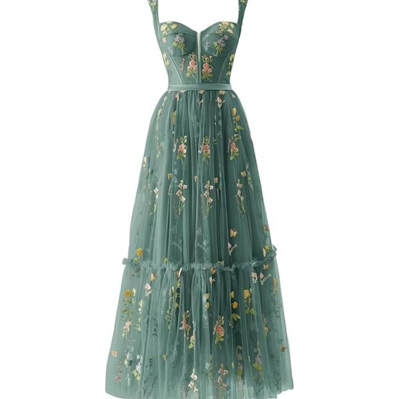 NWT Flower Embroidery Tulle Prom Dresses Tea Length - Picture 1 of 10